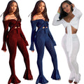 Off the Shoulder Straps Crop Top with High Waist Bell-bottom Pants Women Two Pieces Set