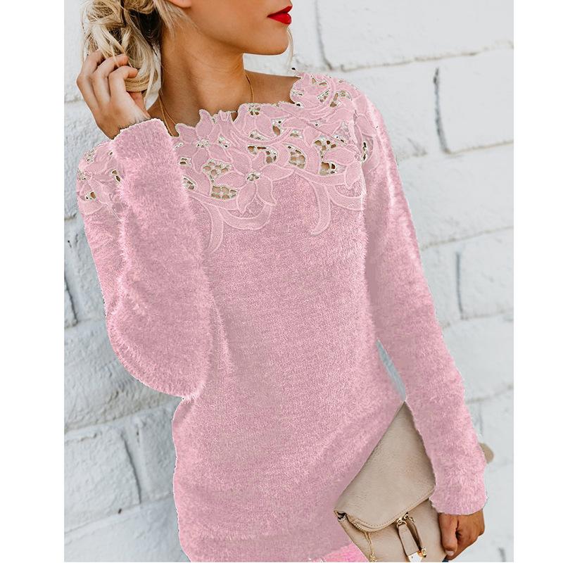 Lace Patchwork Hollow Out Candy Color Women Slim Sweater