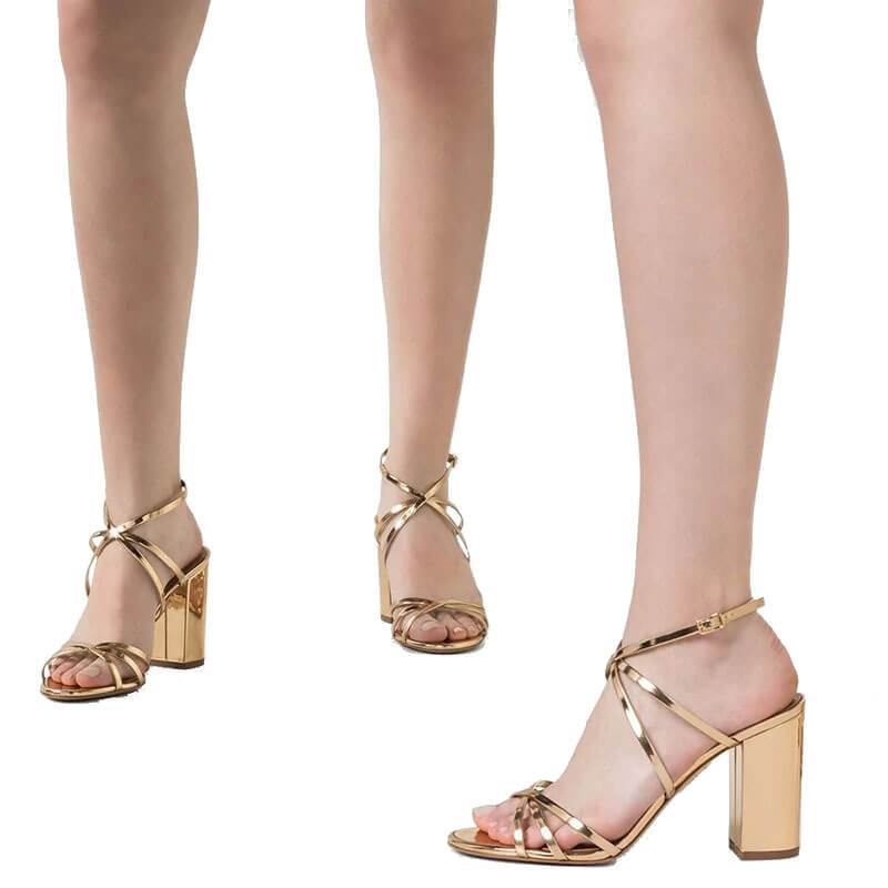 Champagne Patent Leather Chunky Heel Buckle Sandals