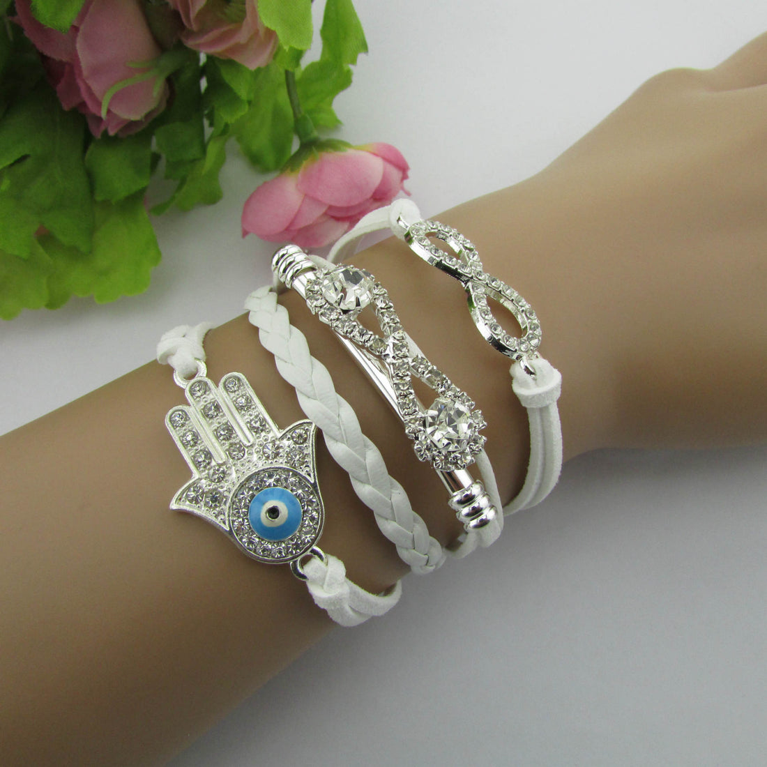 White Crystal Hand Leather Cord Bracelet - Oh Yours Fashion - 1
