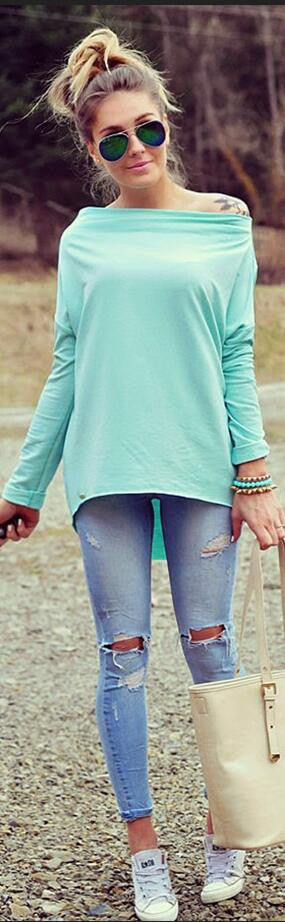 Sexy Scoop Long Sleeve Irregular Hemline Pure Color Blouse - Oh Yours Fashion - 1