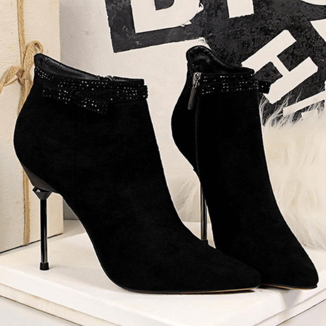 Suede Rhinestone Point Toe Zipper High Heel Ankle Boots