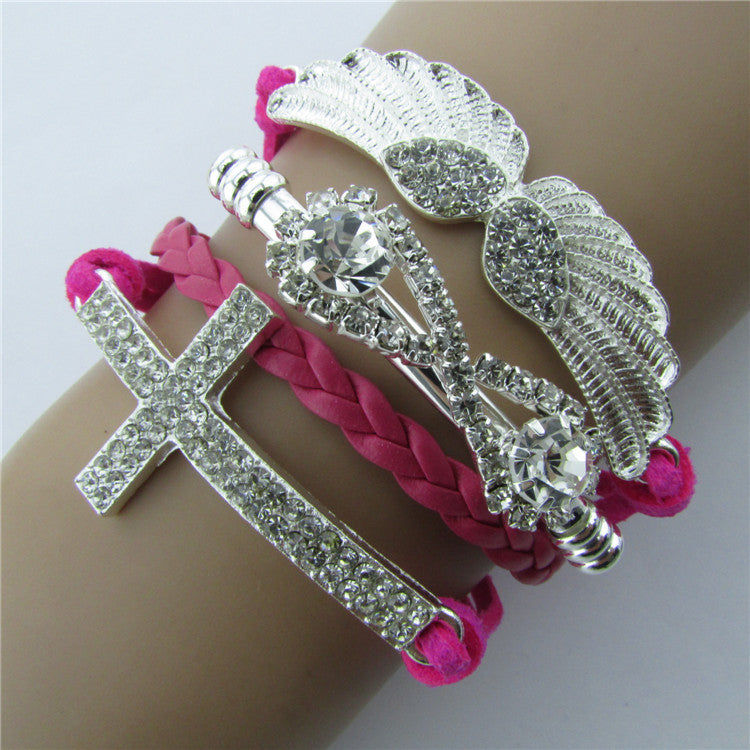 Retro Crystal Angel Wings Cross Leather Cord Bracelet - Oh Yours Fashion - 6