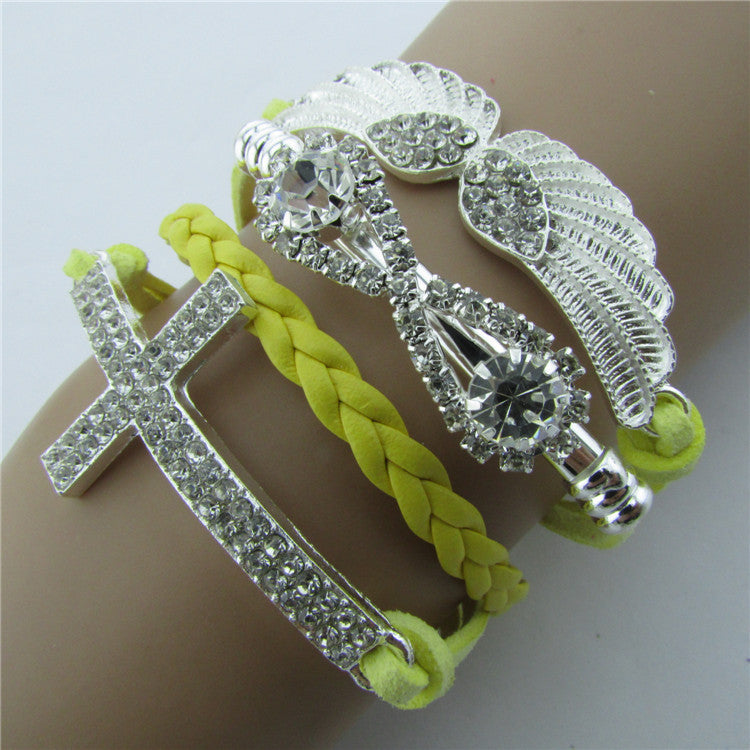 Retro Crystal Angel Wings Cross Leather Cord Bracelet - Oh Yours Fashion - 1
