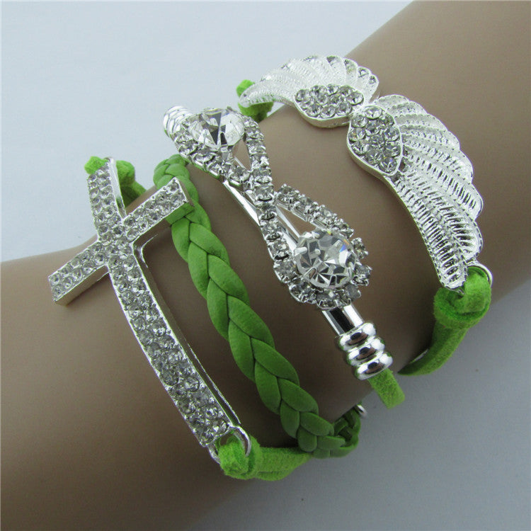 Retro Crystal Angel Wings Cross Leather Cord Bracelet - Oh Yours Fashion - 2