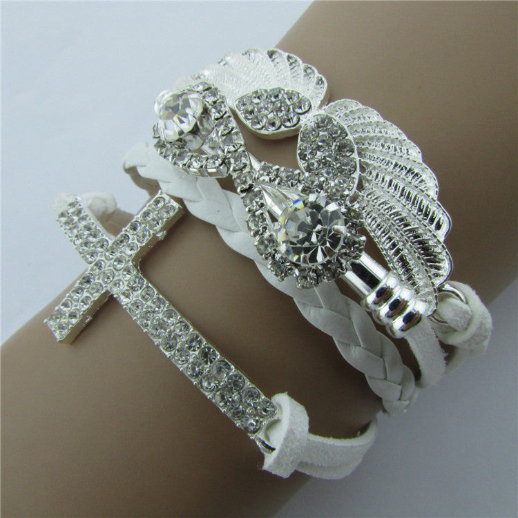 Retro Crystal Angel Wings Cross Leather Cord Bracelet - Oh Yours Fashion - 5