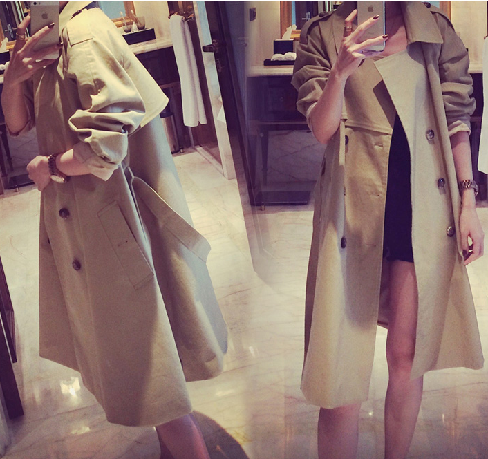 Turn-down Collar Belt Slim Double Button Mid-length Coat - OhYoursFashion - 4