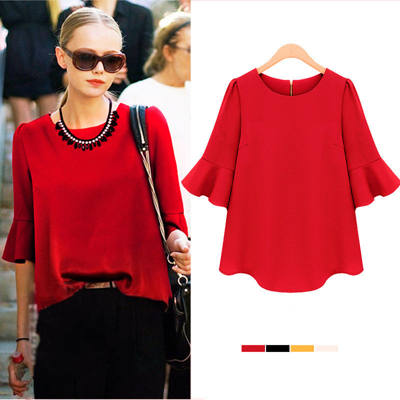 1/2 Bell Sleeves Pure Color Fashion Slim Blouse - Oh Yours Fashion - 4