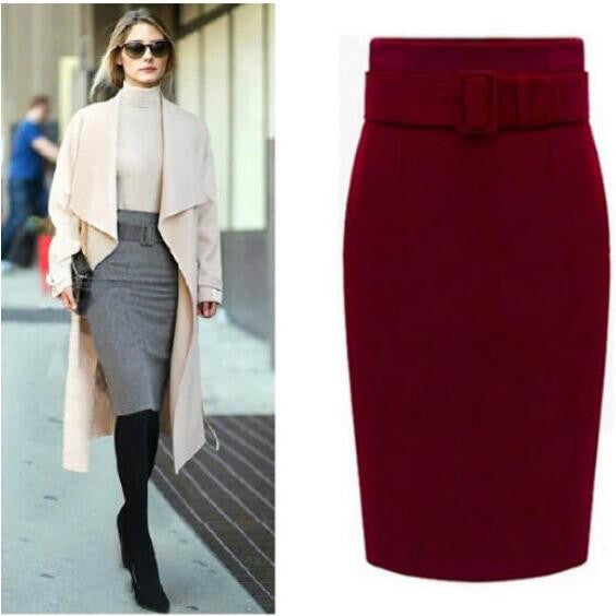 Fashion Belt Buckle Pure Color Cotton Pencil Skirt - Oh Yours Fashion - 5