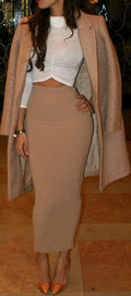 Elegant Beige High Waist Bodycon Pencil Long Skirt - Oh Yours Fashion - 1