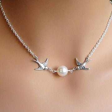 Faux Pearl Decorated Bird Pendant Necklace For Women - OhYoursFashion
