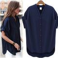Little Stand V-neck Pure Color Short Sleeves Sexy Blouse - Oh Yours Fashion - 1