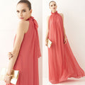 Bare Shoulder Candy Color High Neck Long Pleated Party Beach Dress
