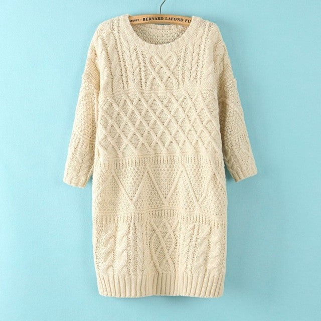 Diamond Cable Retro Knit Long Pullover Sweater - Oh Yours Fashion - 2