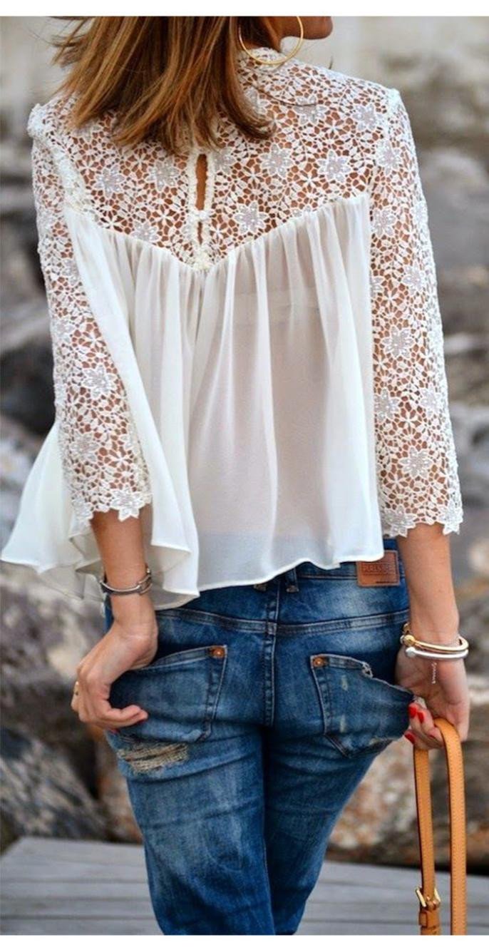 Lace Chiffon Patchwork Long Sleeves Loose Transparent Blouse - OhYoursFashion - 2