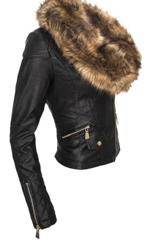 Black Faux Fur Collar Oblique Zipper Crop PU Jacket - Oh Yours Fashion - 2