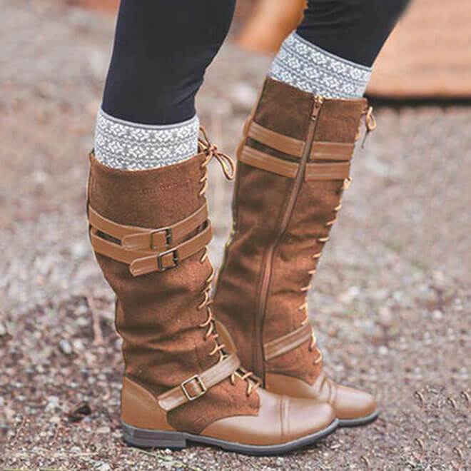 Mid Calf Lace-Up Buckled Flat Retro Boots