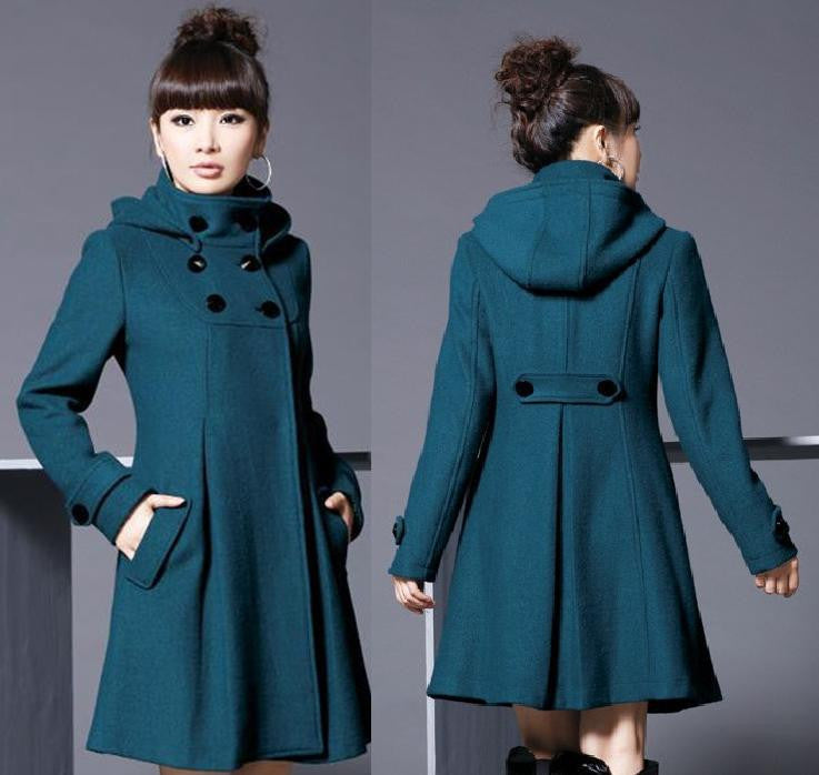 Hooded High Neck Button Slim Long Sleeves Mid-length Coat - Oh Yours Fashion - 1