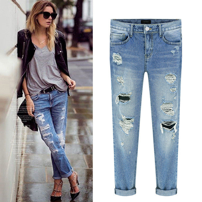 Beggar Style Holes Ripped Frayed Loose Long Jeans - Oh Yours Fashion - 1