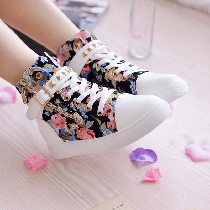 Cute Floral Print Skull Lace Up High Cut Women Sneakers - OhYoursFashion - 4