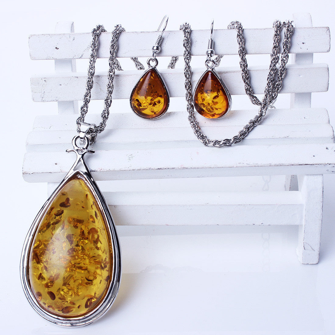 Drop Imitation Amber Necklace Earrings Jewelry Set - Oh Yours Fashion - 2