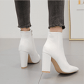 Leather White Point Toe Chunky Heel Zipper Calf Boots