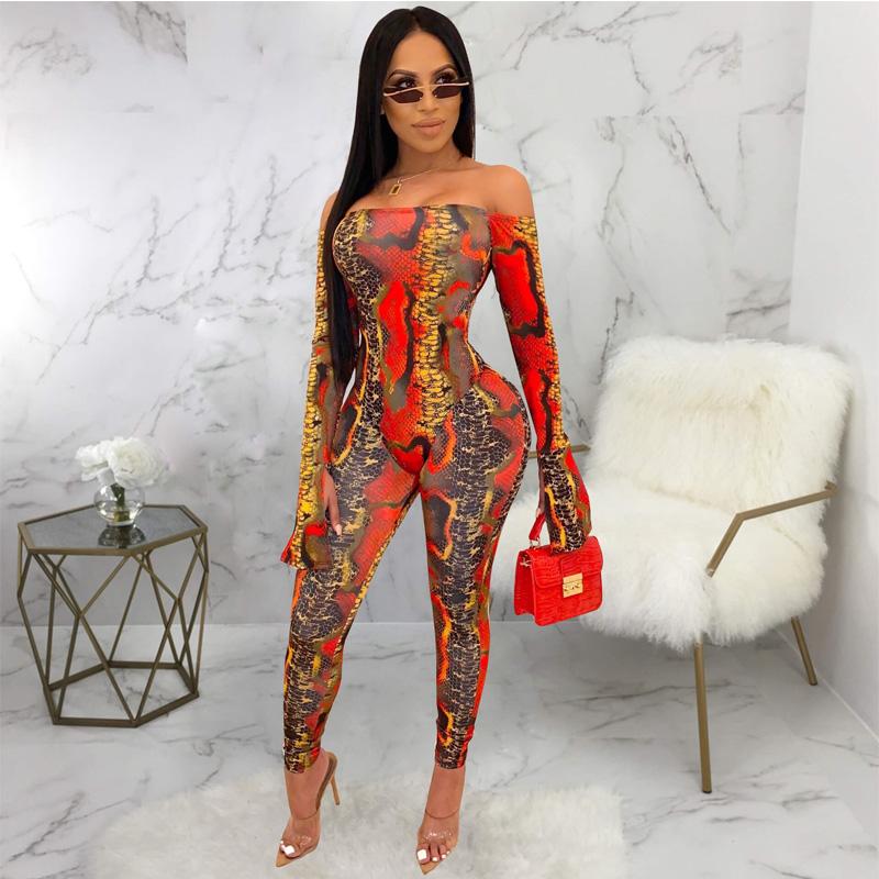 Long Sleeves Off Shoulder Bodycon Print Bell Sleeve Jumpsuits
