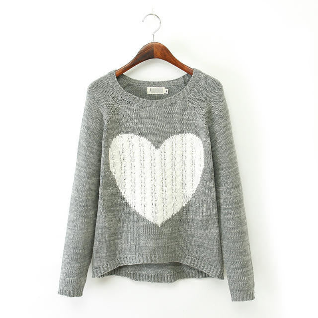 Splicing Pullover Scoop Knit Slim Heart Pattern Sweater - Oh Yours Fashion - 2