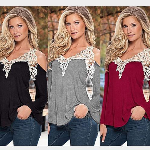 Sexy V-neck Long Sleeves Lace Patchwork Off-shoulder Blouse - Oh Yours Fashion - 1