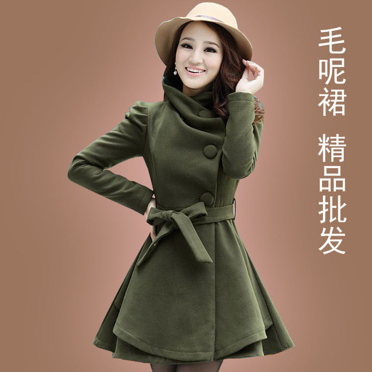 High Neck Long Sleeves Button Wool Belt Coat - Oh Yours Fashion - 1