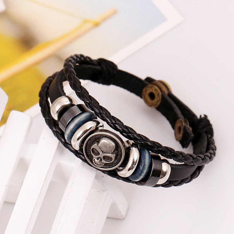 Retro Skull Beaded Woven Leather Bracelet - Oh Yours Fashion - 2