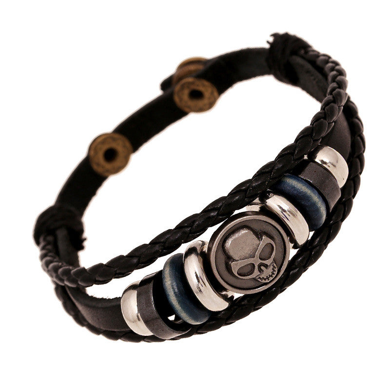 Retro Skull Beaded Woven Leather Bracelet - Oh Yours Fashion - 1