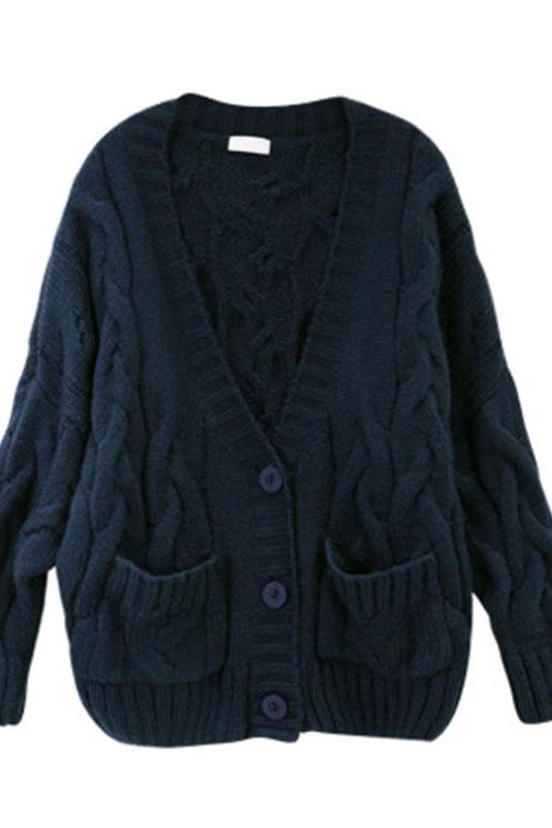 Cable Knit Deep V-neck Buttons Pockets Loose Cardigan