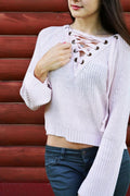 V-neck Straps Pure Color Long Loose Sleeves Short Sweater