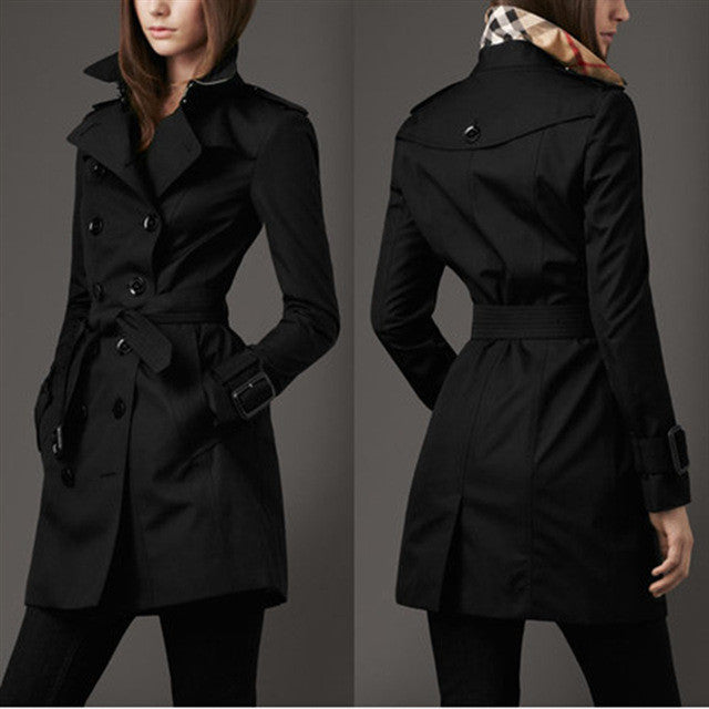 Turn-down Collar Belt Double Button Slim Mid-length Coat - Oh Yours Fashion - 1