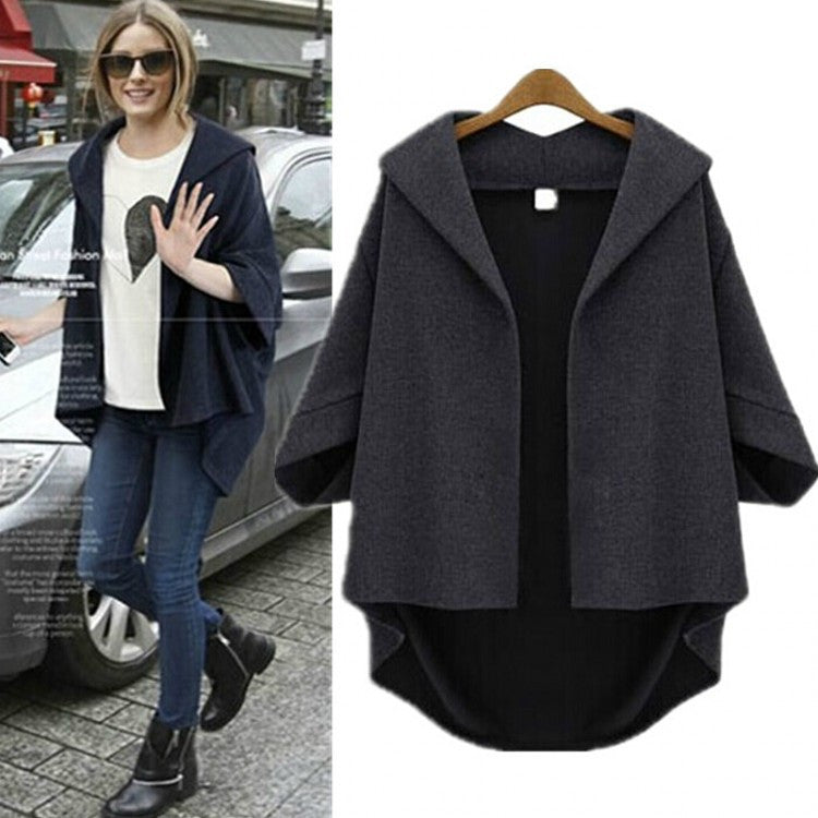 Solid 3/4 Sleeves Lapel Batwing Plus Size Coat - Oh Yours Fashion - 1
