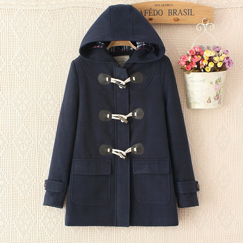 Horn Button Long Sleeves Hooded Thick Fashion Coat - Oh Yours Fashion - 1