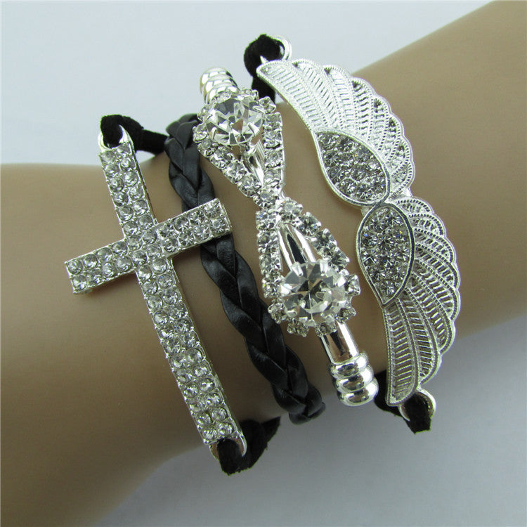 Retro Crystal Angel Wings Cross Leather Cord Bracelet - Oh Yours Fashion - 4
