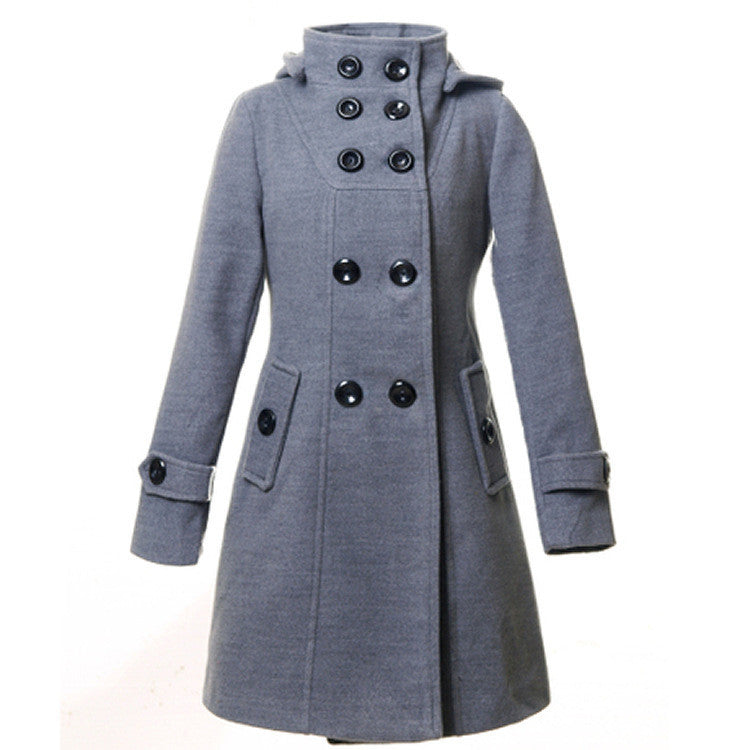 Double Button Hooded Long Sleeves Mid-length Wool Thick Coat - Oh Yours Fashion - 8