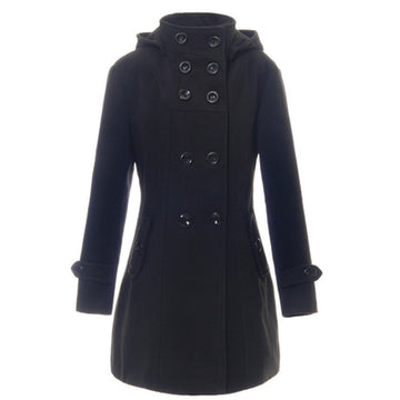 Double Button Hooded Long Sleeves Mid-length Wool Thick Coat - Oh Yours Fashion - 1