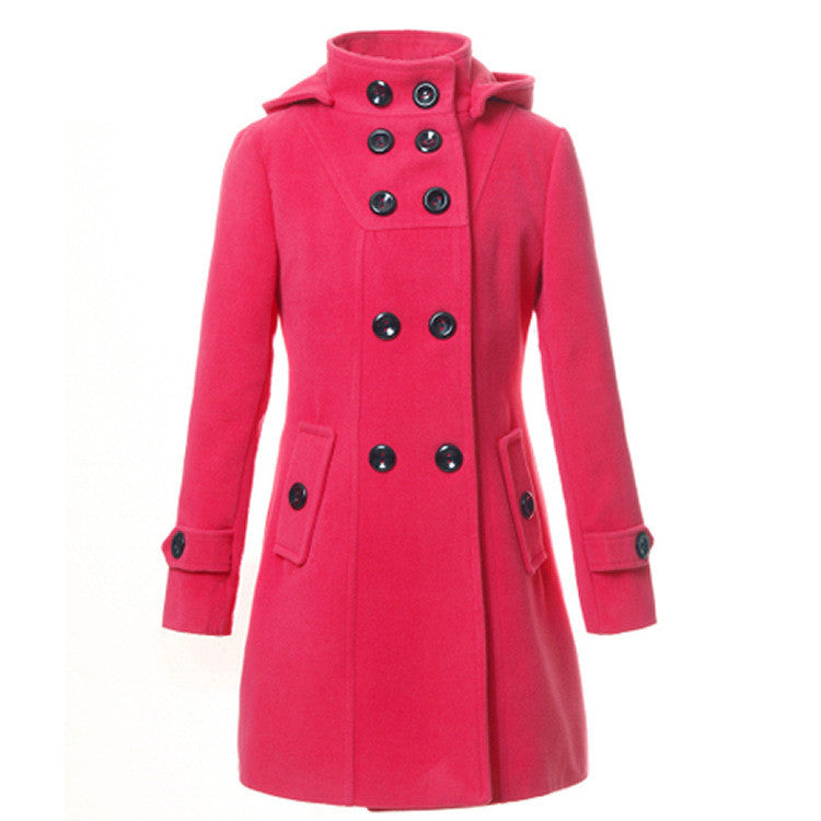 Double Button Hooded Long Sleeves Mid-length Wool Thick Coat - Oh Yours Fashion - 6
