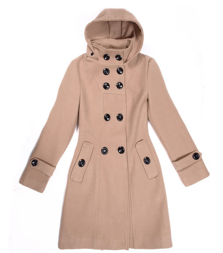 Double Button Hooded Long Sleeves Mid-length Wool Thick Coat - Oh Yours Fashion - 5