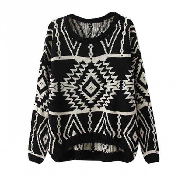 Women Loose Geometry Printed Pullover Sweater - Oh Yours Fashion - 5