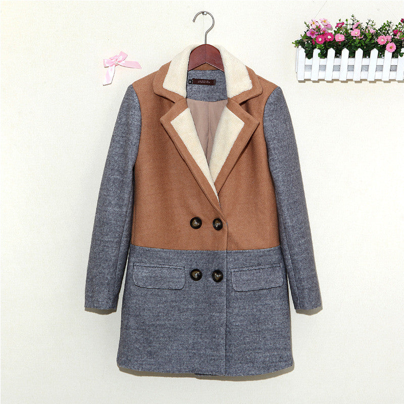 Lamb Wool Turn-down Collar Double Button Patchwork Mid-length Coat - Oh Yours Fashion - 5