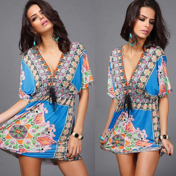 Sexy V Neck Floral Print Draw String Beach Dress - Oh Yours Fashion - 6