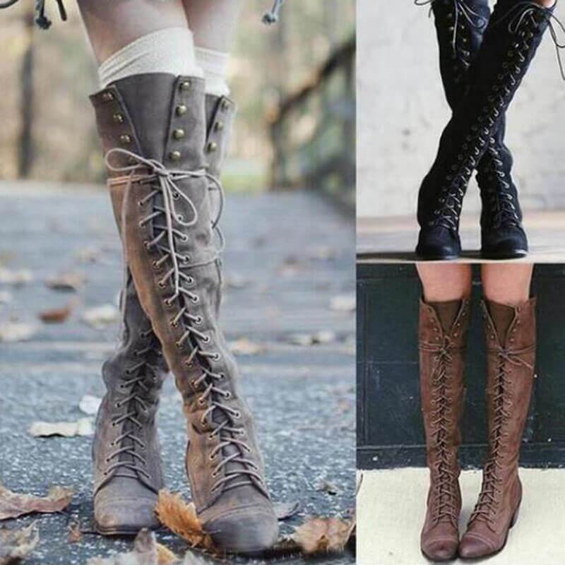 Retro Cross Strap Flat Lace Up Knee High Boots