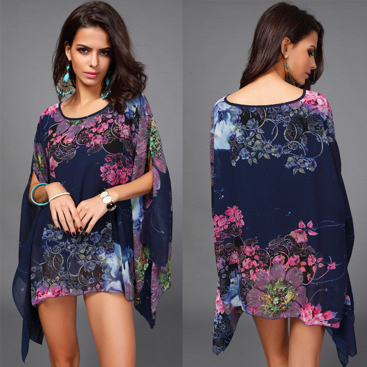 Beautiful Chiffon Plus Size Floral Print Batwing-Sleeved Blouse - Oh Yours Fashion - 1