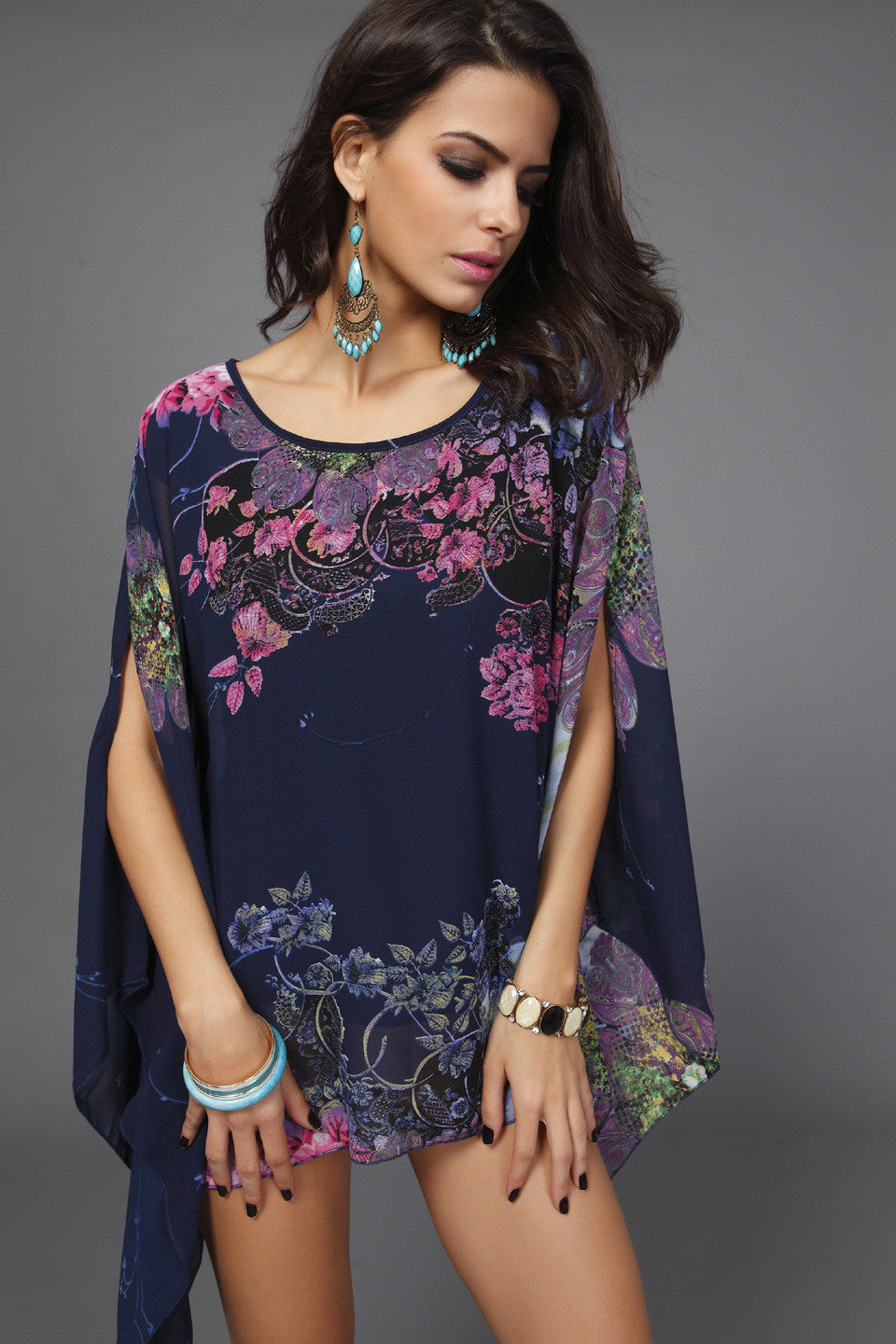 Beautiful Chiffon Plus Size Floral Print Batwing-Sleeved Blouse - Oh Yours Fashion - 1