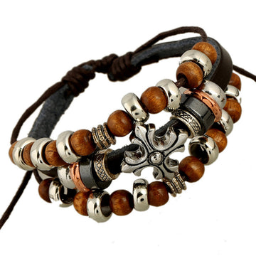 Cross Wooden Beaded Leather Bracelet - Oh Yours Fashion - 1
