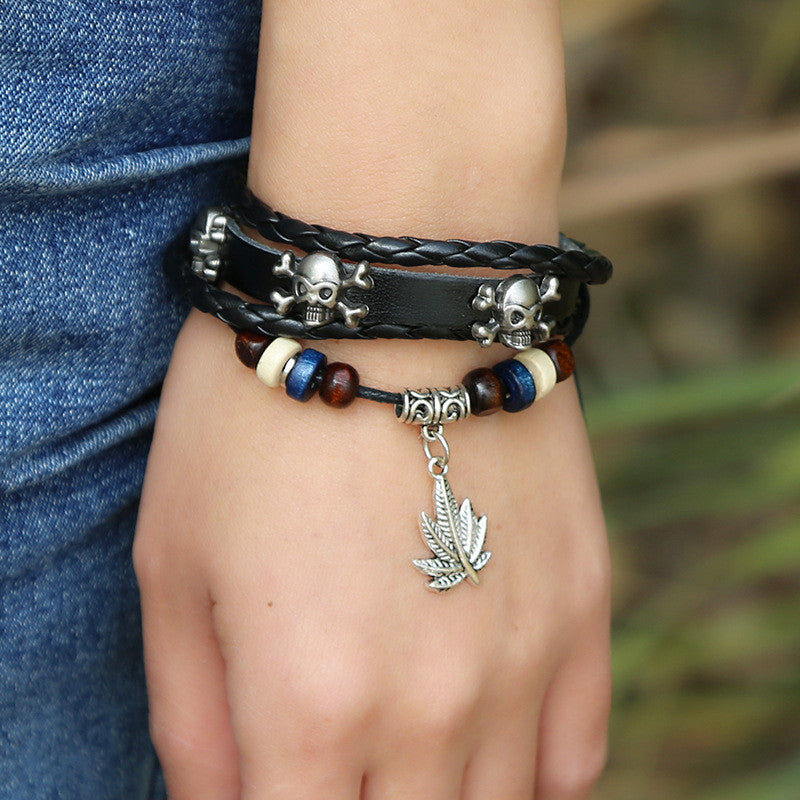 Personality Skull Leaf Leather Bracelet - Oh Yours Fashion - 1